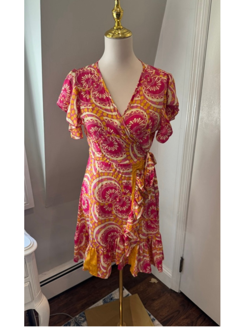 LARAETHNICS | Women’s Pink & Yellow Patterned Mini Wrap Dress | Size Small